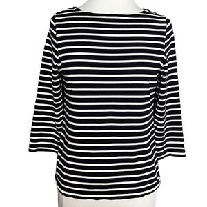 LANDS End Ladies Cotton Pique Striped Boatneck 3/4 Sleeve Top Navy Blue & White